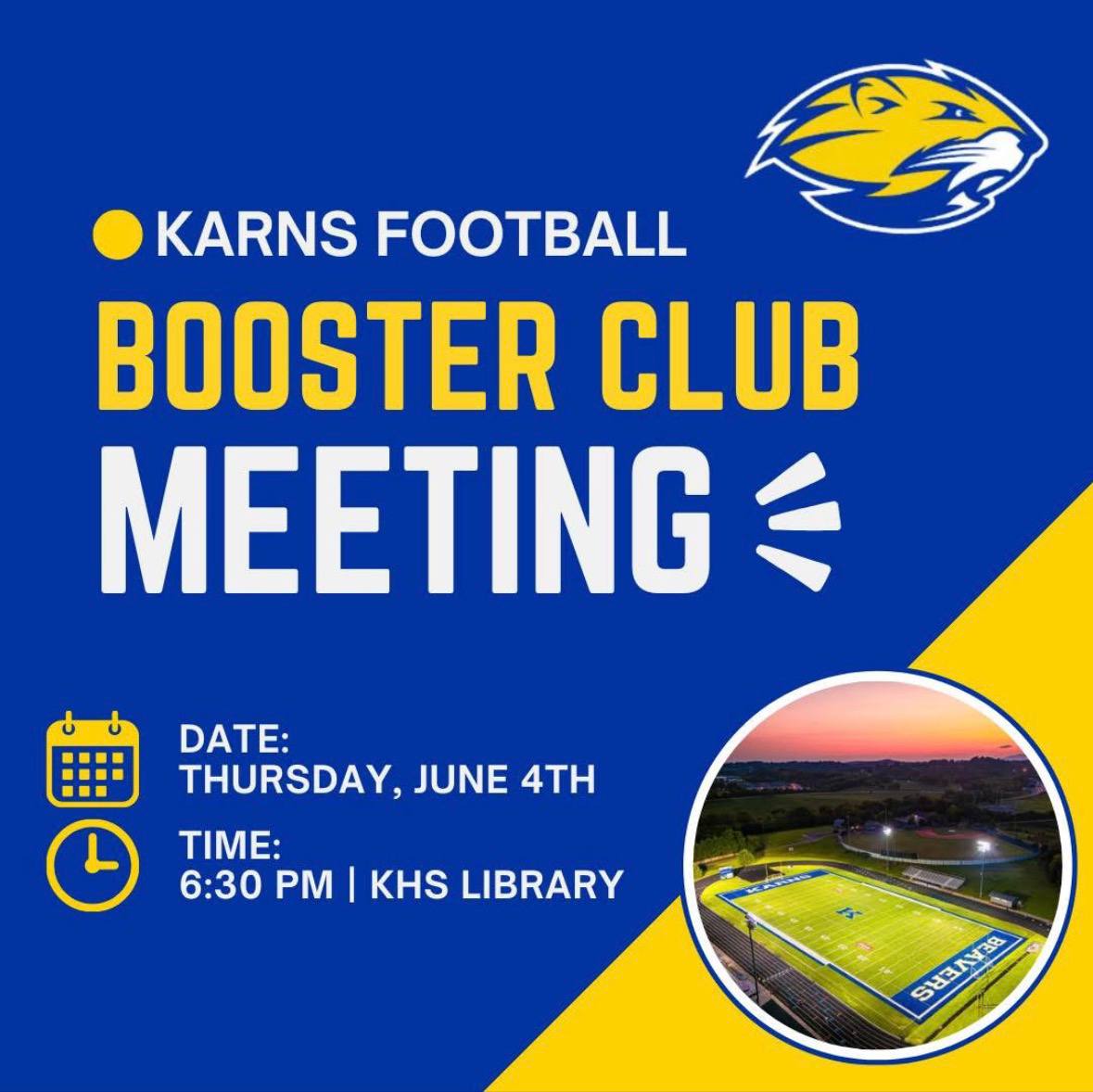 Karns Football Booster Club meeting flyer showing Thursday, June 4th at 6:30 PM in the KHS Library