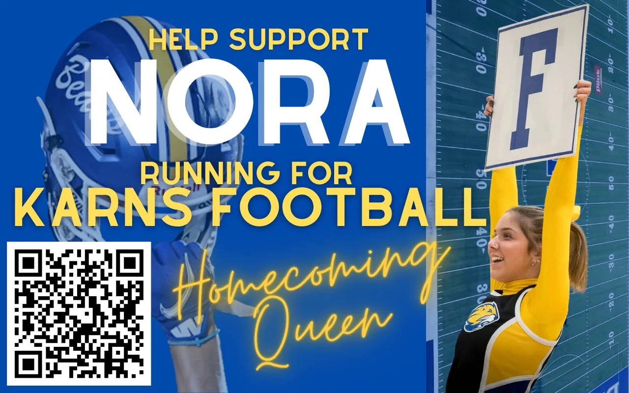 Karns Football Homecoming fundraiser flyer for Nora with QR code