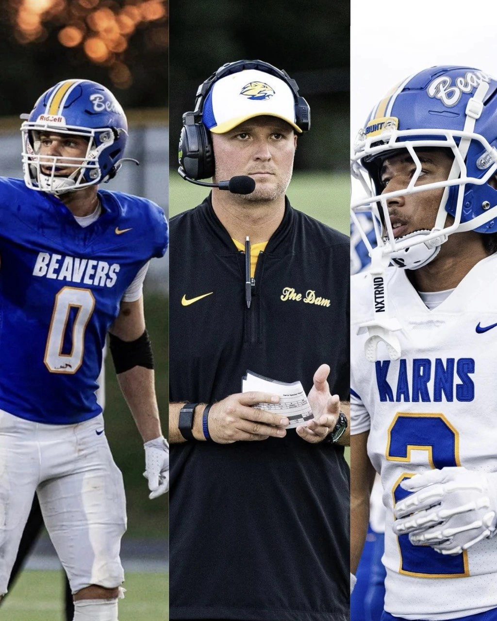 Three-panel Karns football portrait collage featuring two players and a coach