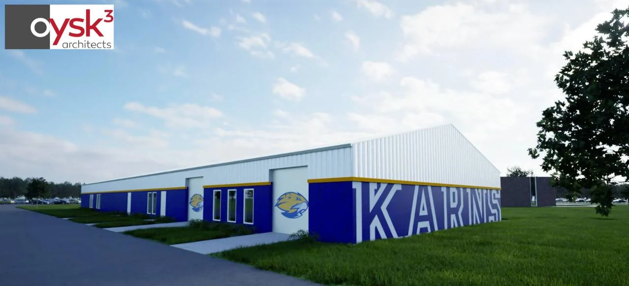 Architectural rendering of the planned Karns field house with blue, white, and gold exterior